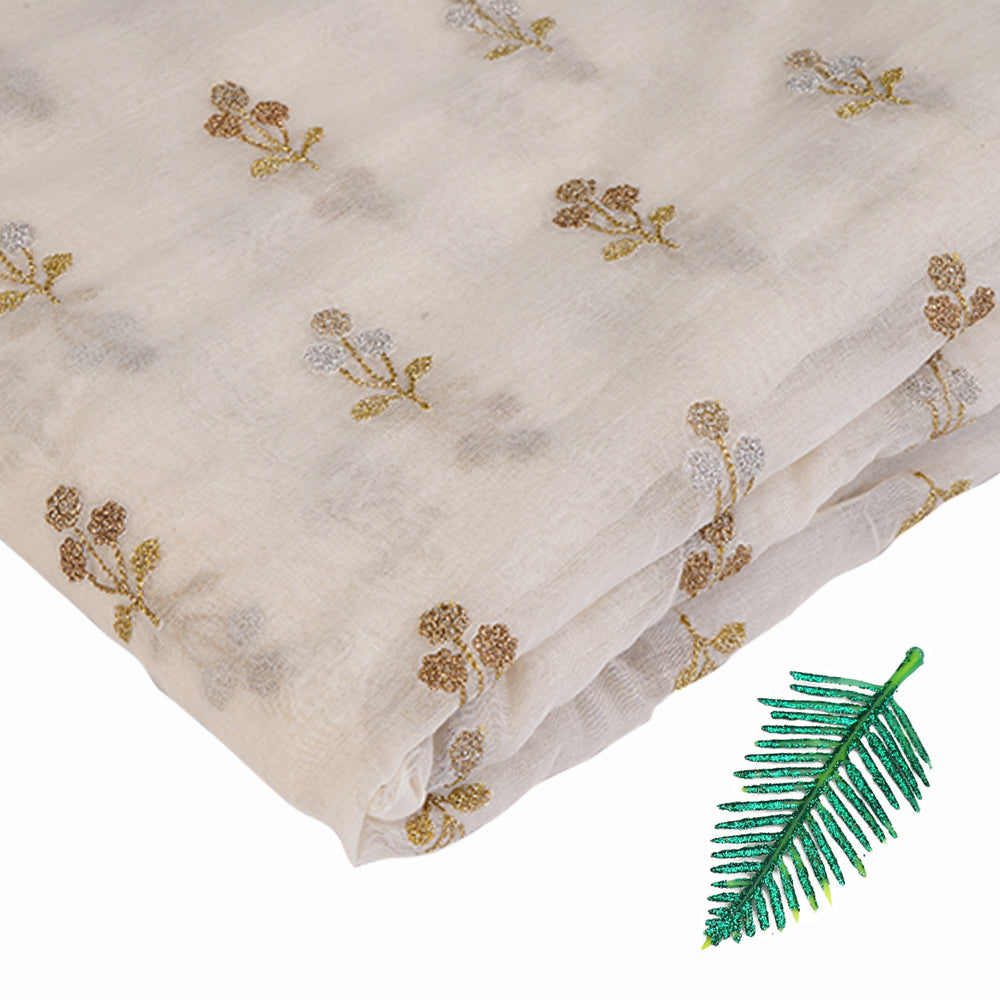 Off-White Color Embroidered Chanderi Fabric