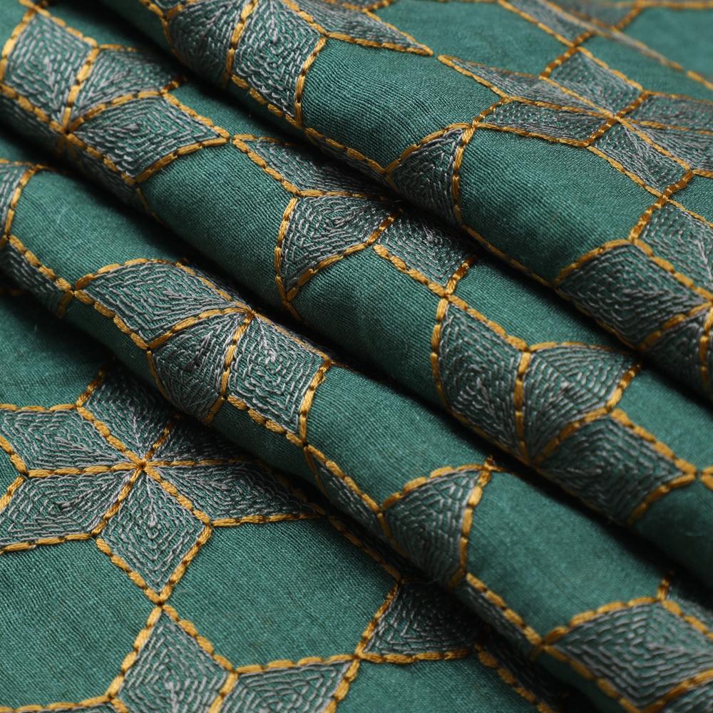 Fern Green Color Embroidered Muga Silk Fabric