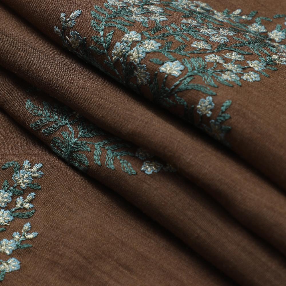 Mud-Green Color Embroidered Muga Silk Fabric