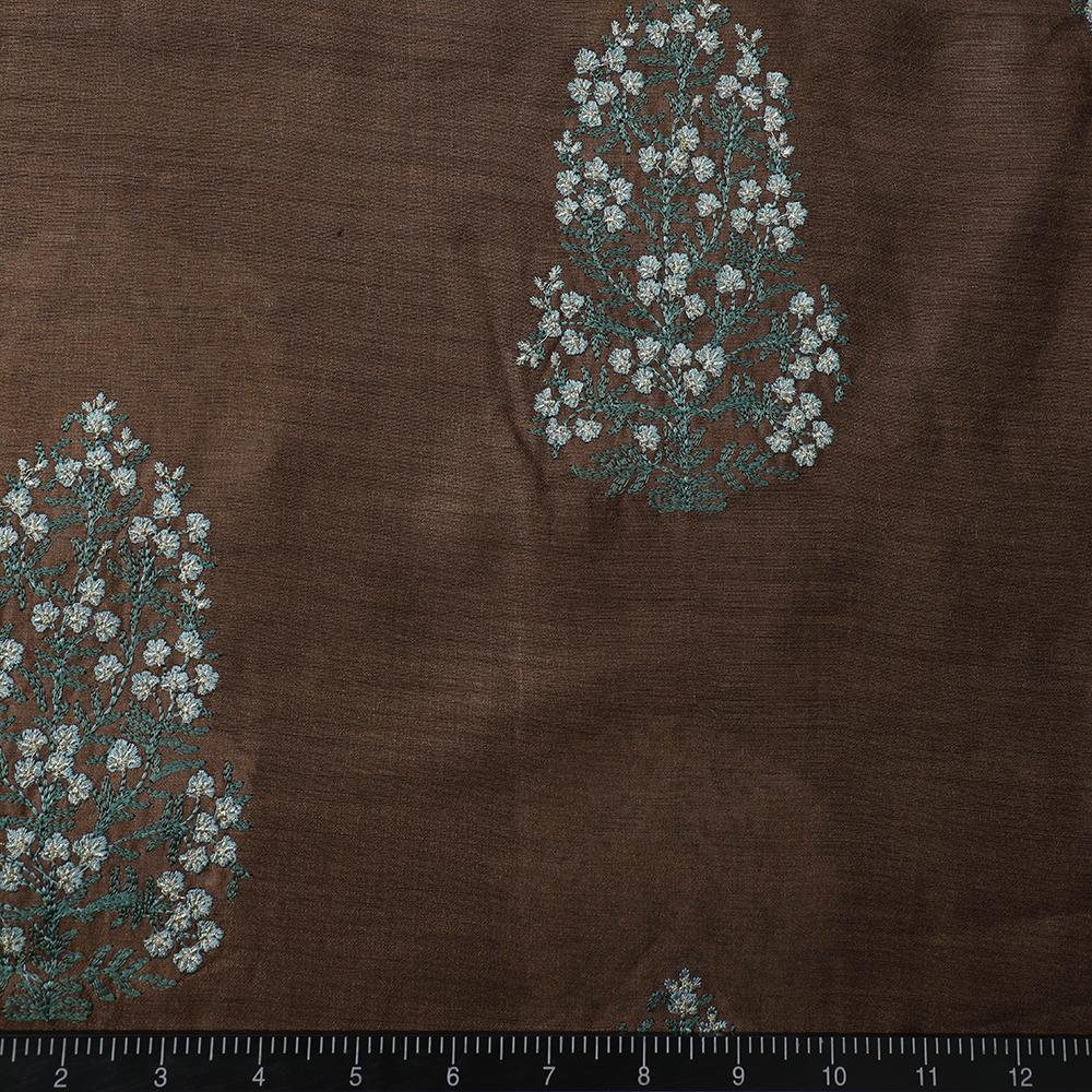 Mud-Green Color Embroidered Muga Silk Fabric