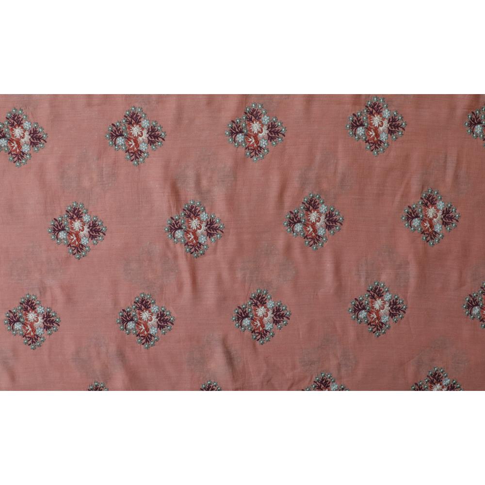 Peach Puff Color Embroidered Muga Silk Fabric
