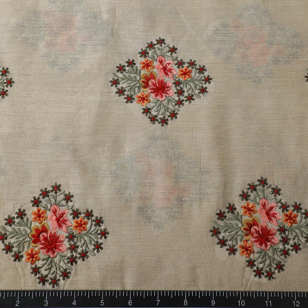 Beige Color Embroidered Muga Silk Fabric