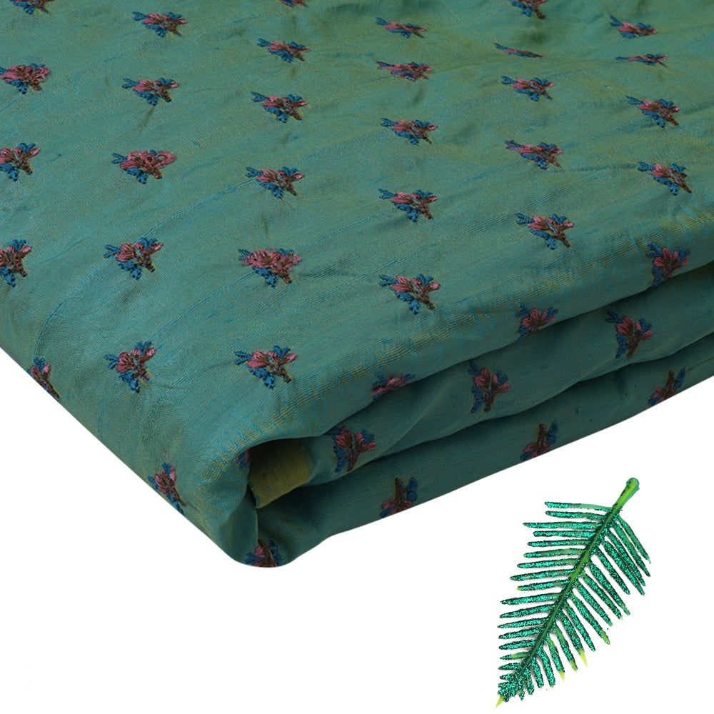 Green Color Embroidered Dupion Silk Fabric