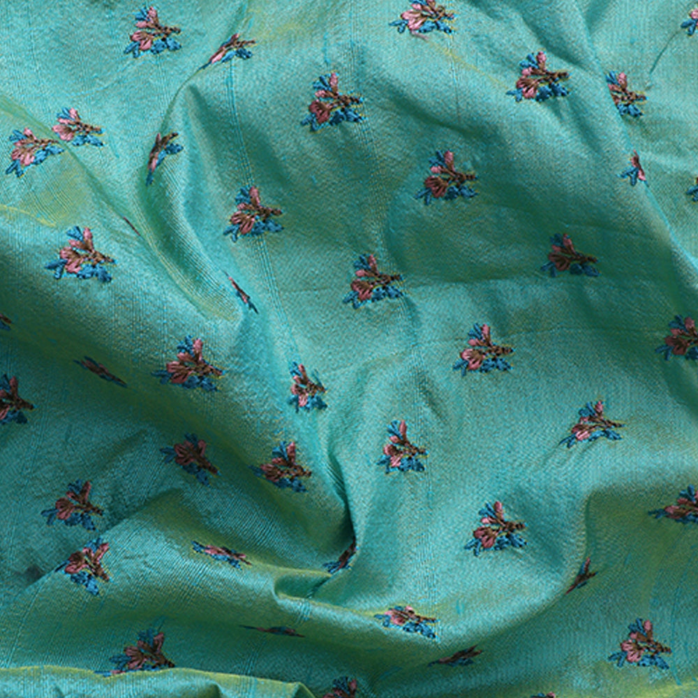 Green Color Embroidered Dupion Silk Fabric