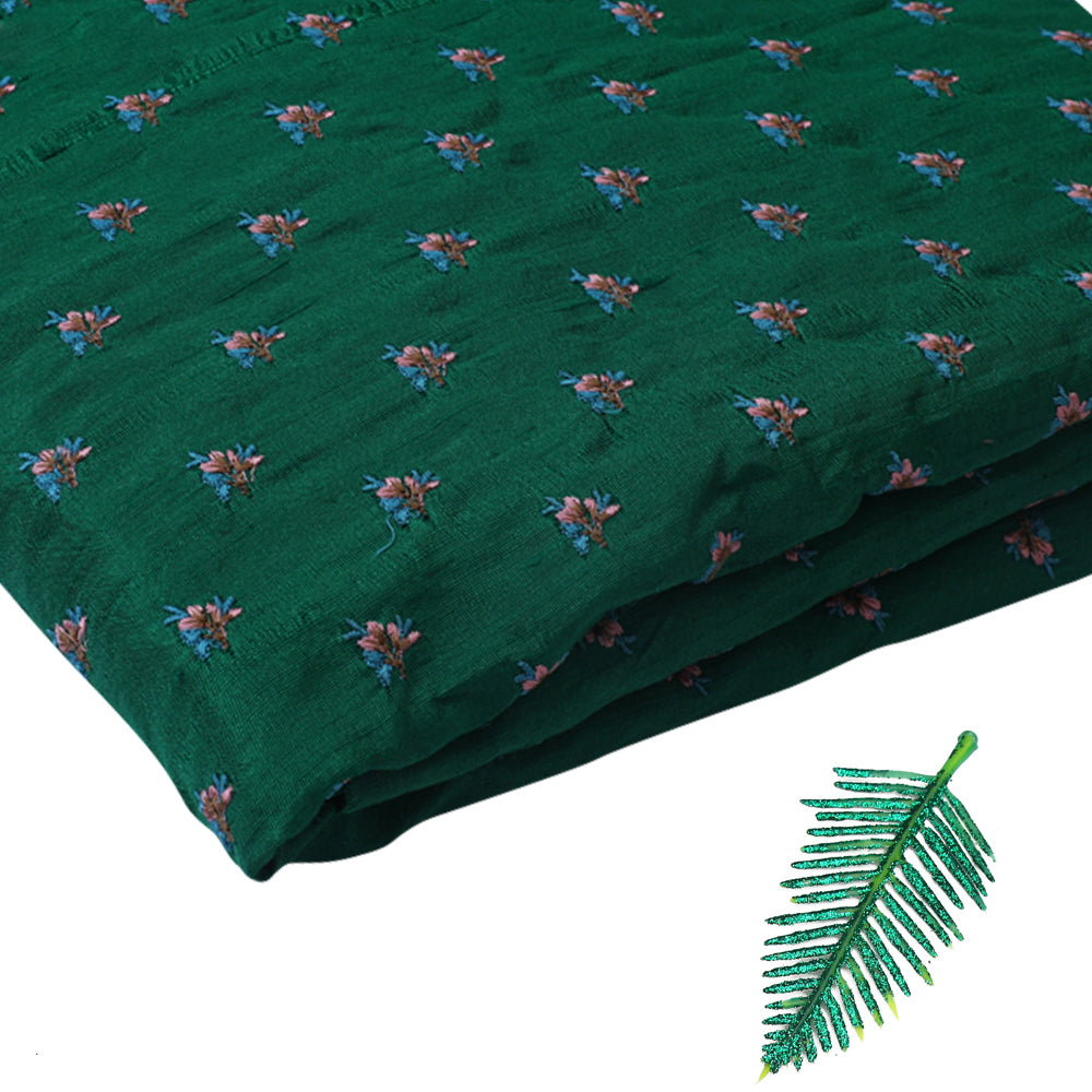 Dark Green Color Embroidered Dupion Silk Fabric