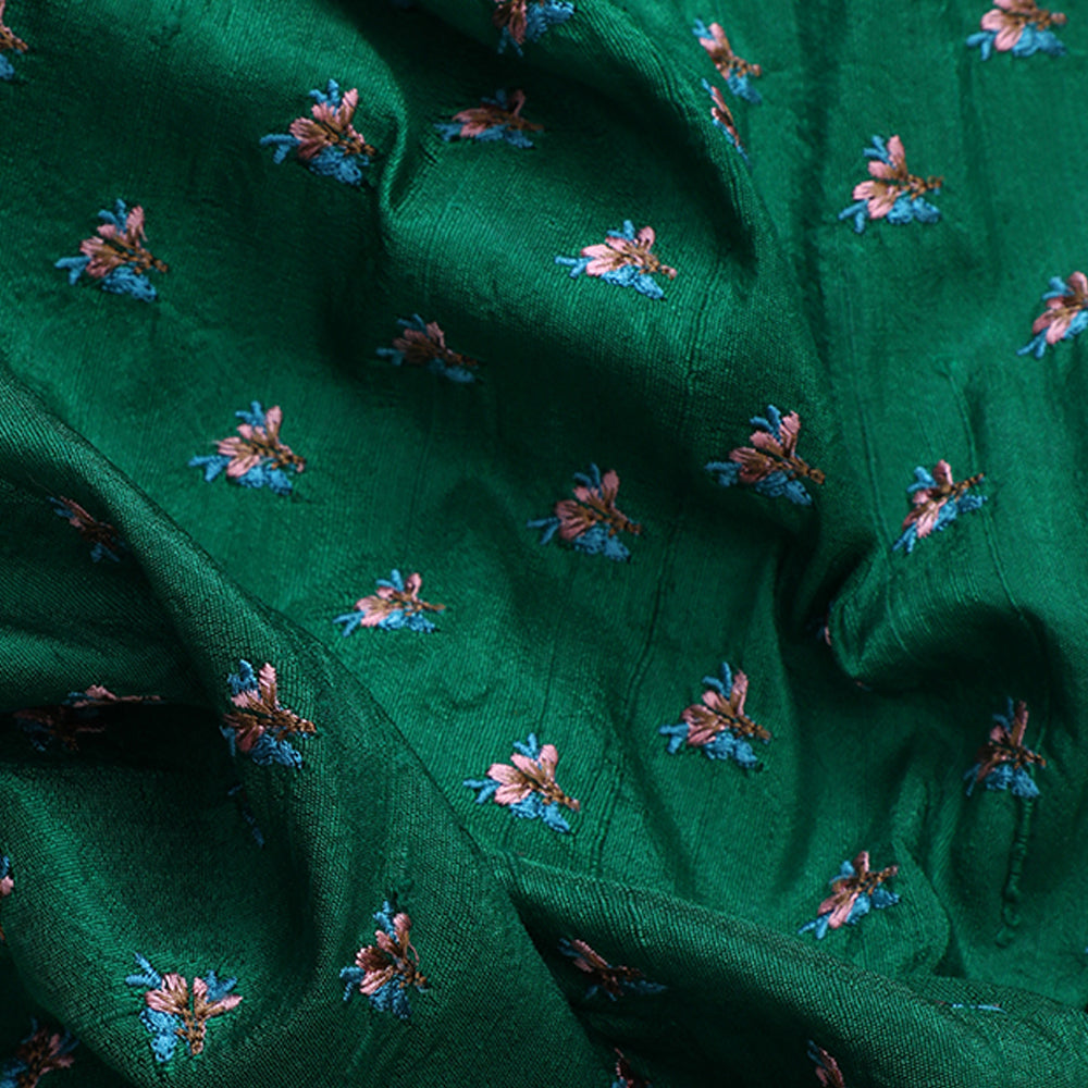 Dark Green Color Embroidered Dupion Silk Fabric