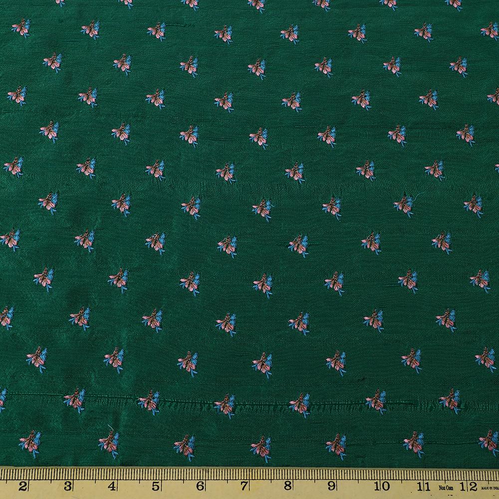 Dark Green Color Embroidered Dupion Silk Fabric