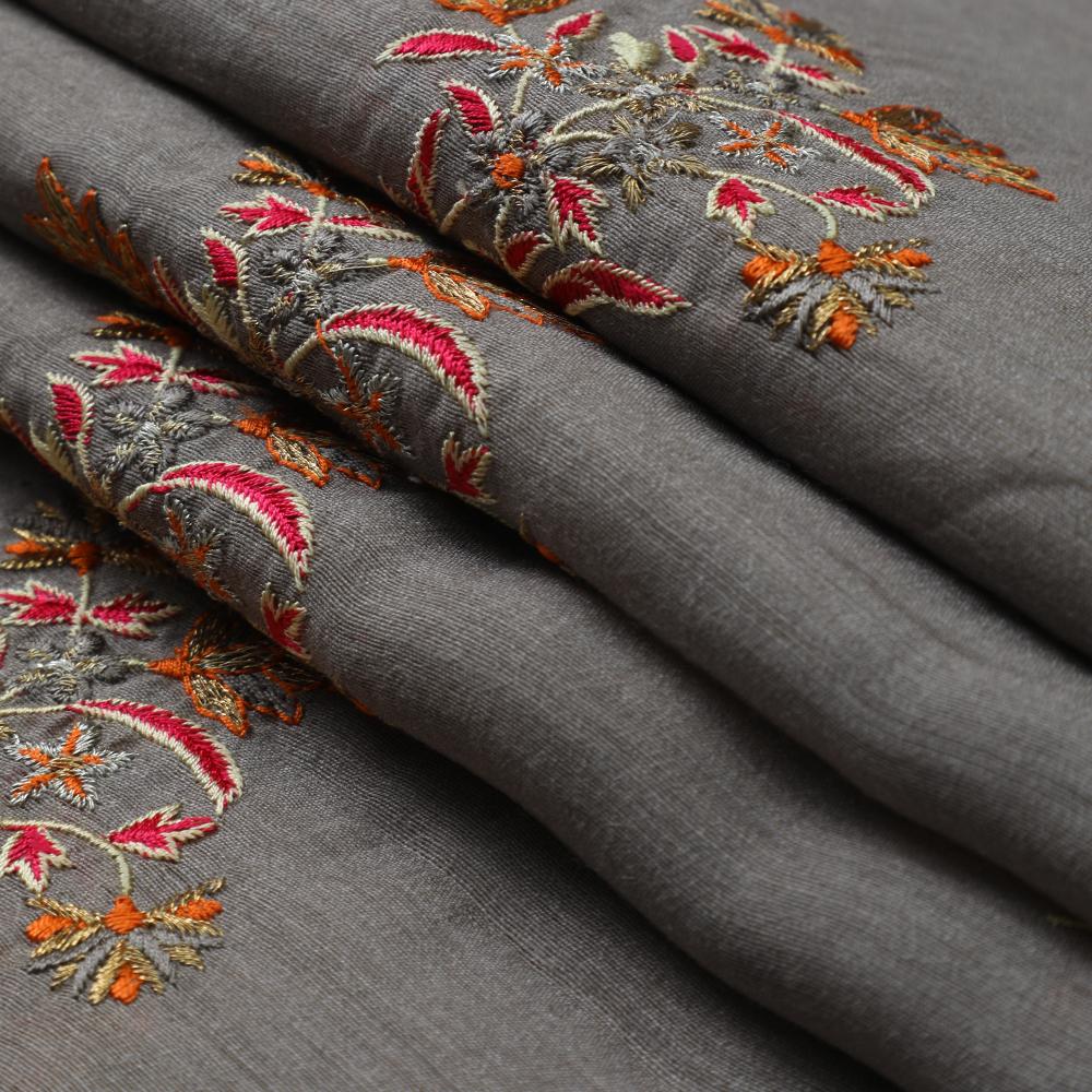Grey-Pink Color Embroidered Muga Silk Fabric