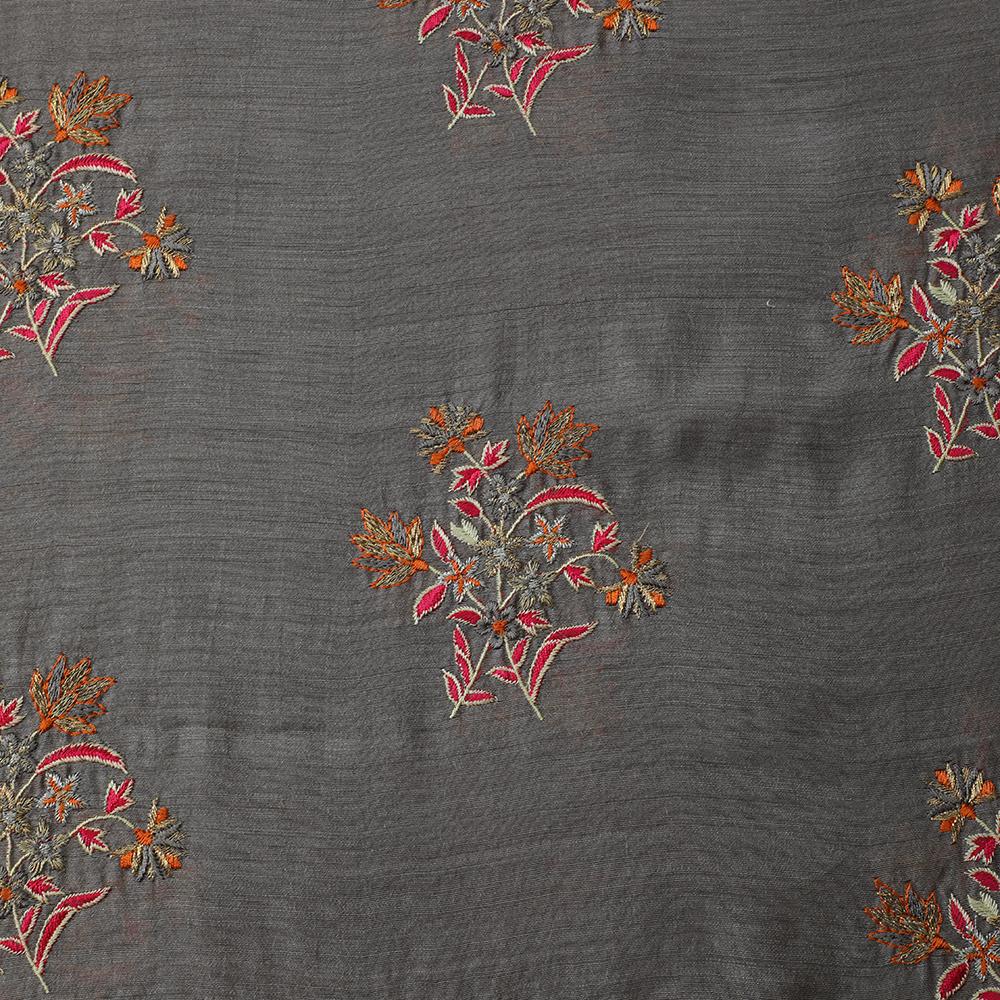 Grey-Pink Color Embroidered Muga Silk Fabric