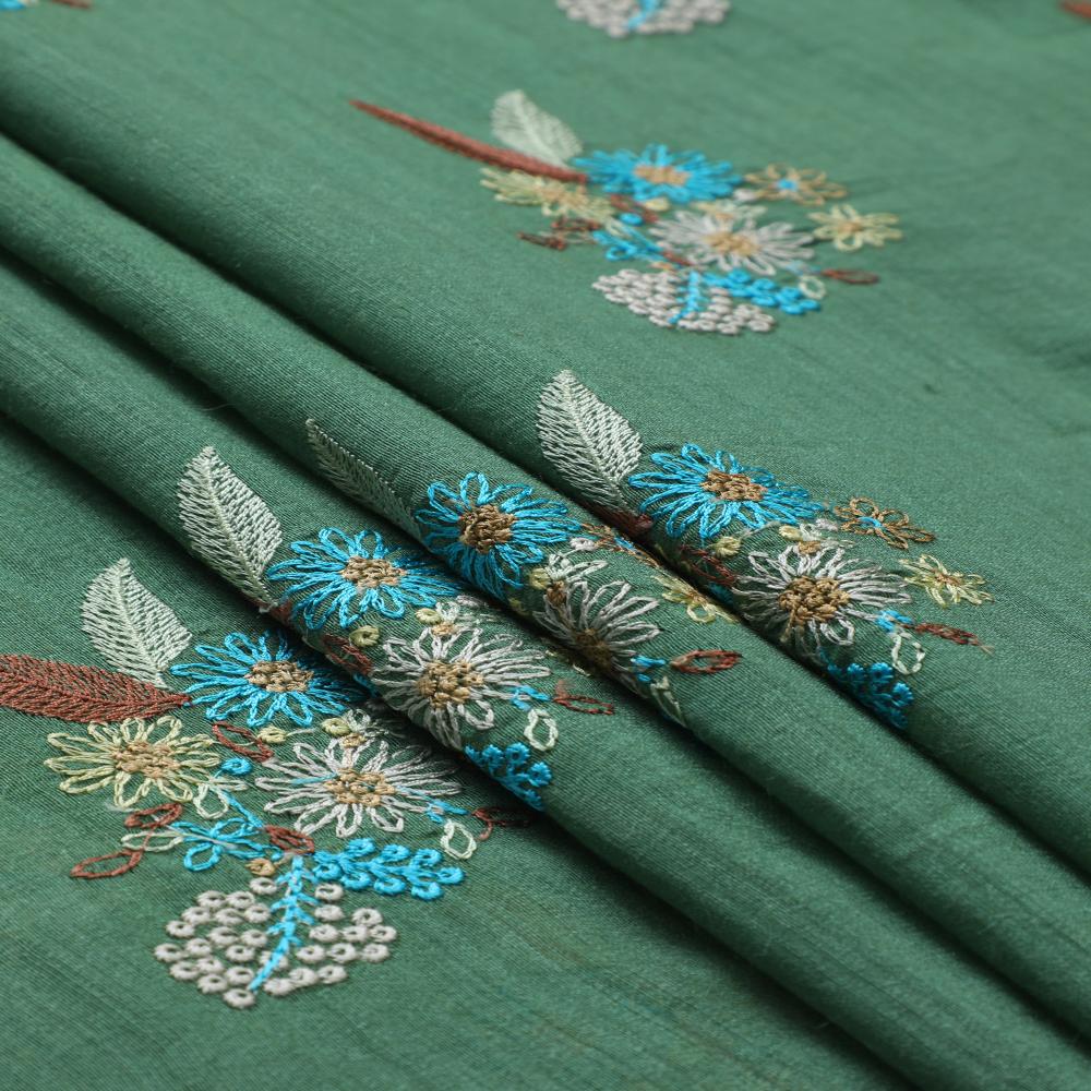 Fern Green Color Embroidered Muga Silk Fabric