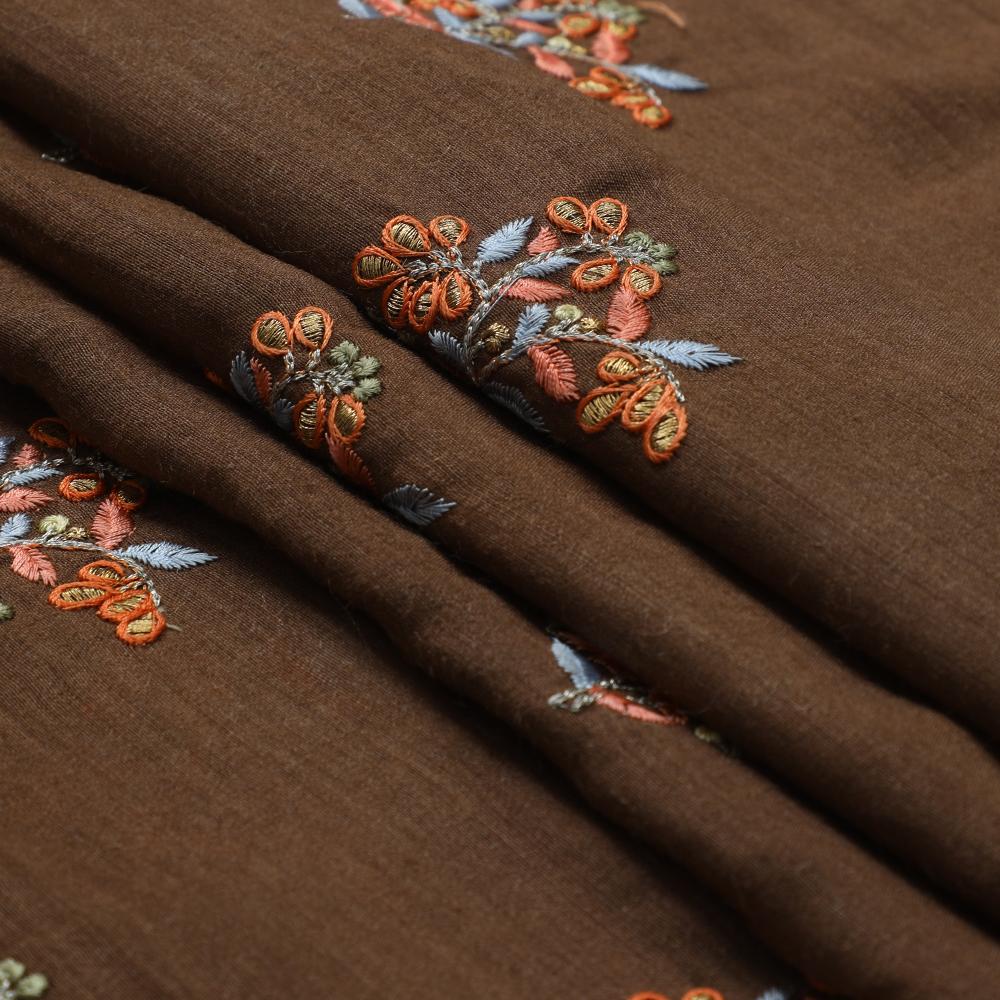 Brown Color Embroidered Muga Silk Fabric
