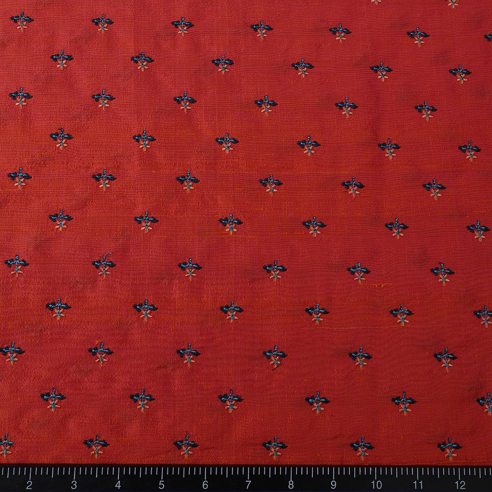 Orange-Pink Color Embroidered Dupion Silk Fabric