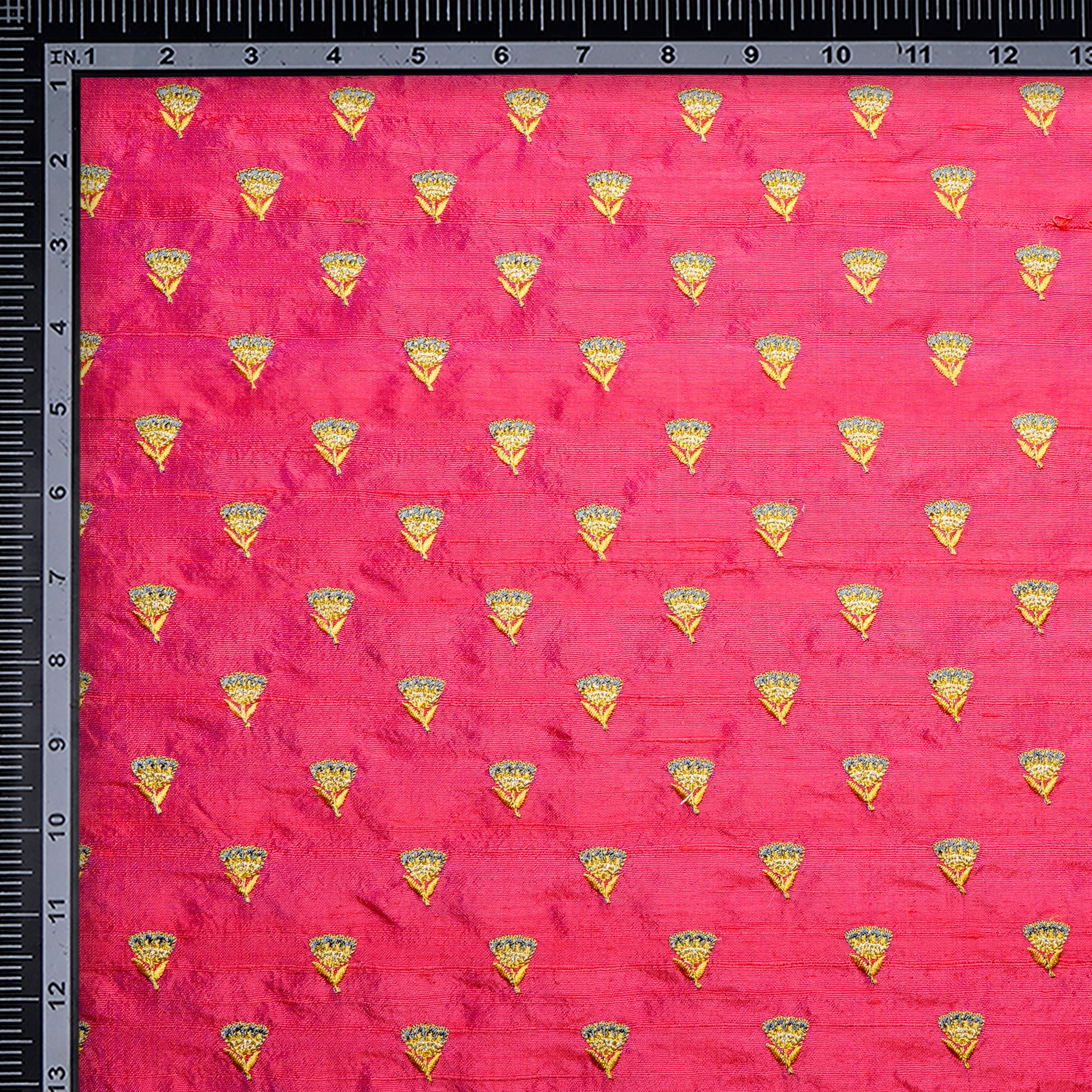 Pink-Yellow Color Embroidered Dupion Silk Fabric
