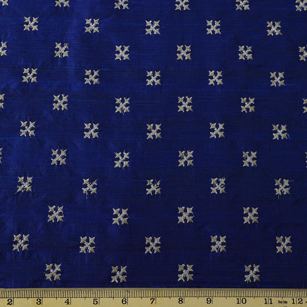 Blue Color Embroidered Dupion Silk Fabric