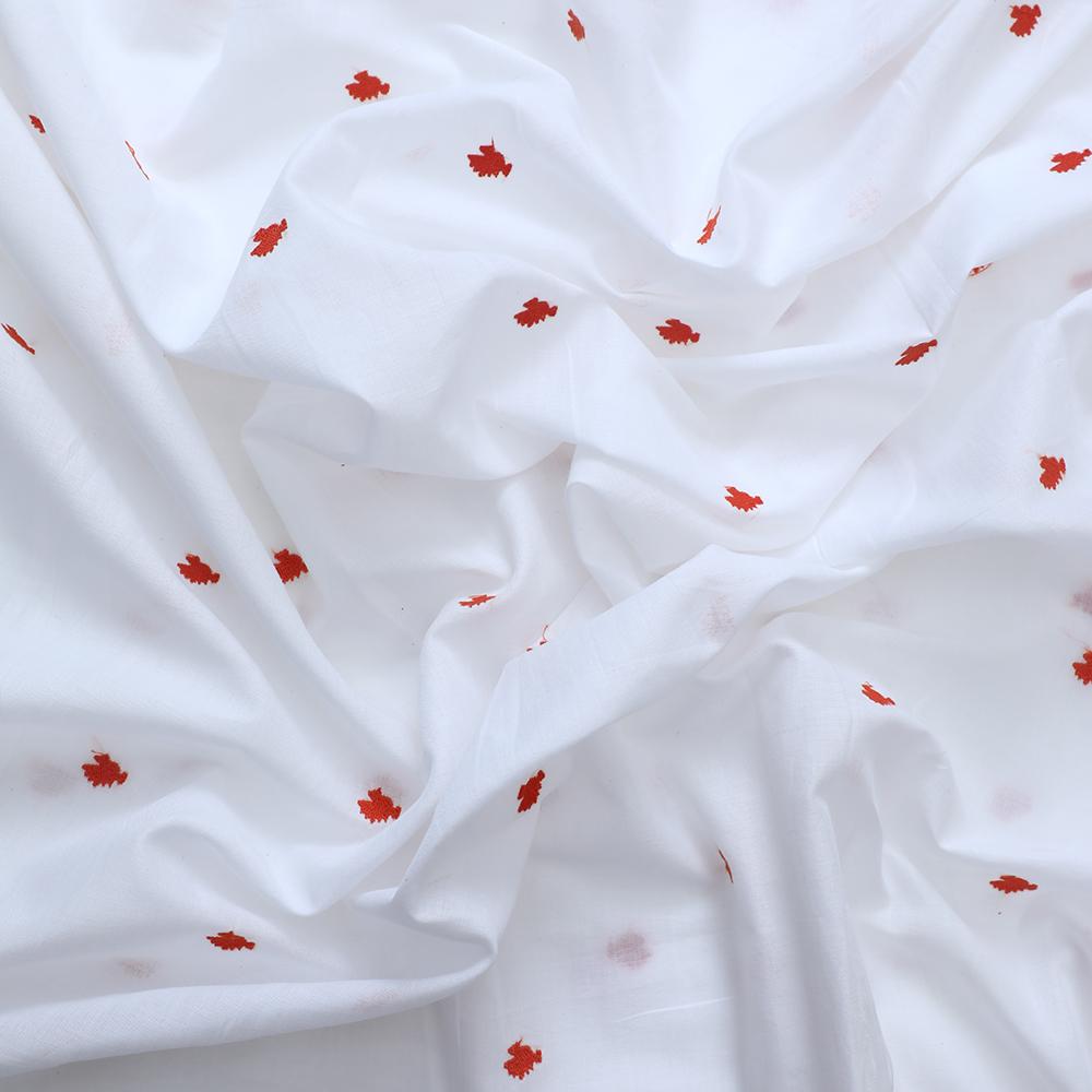 White-Orange Color Embroidered Cotton Fabric