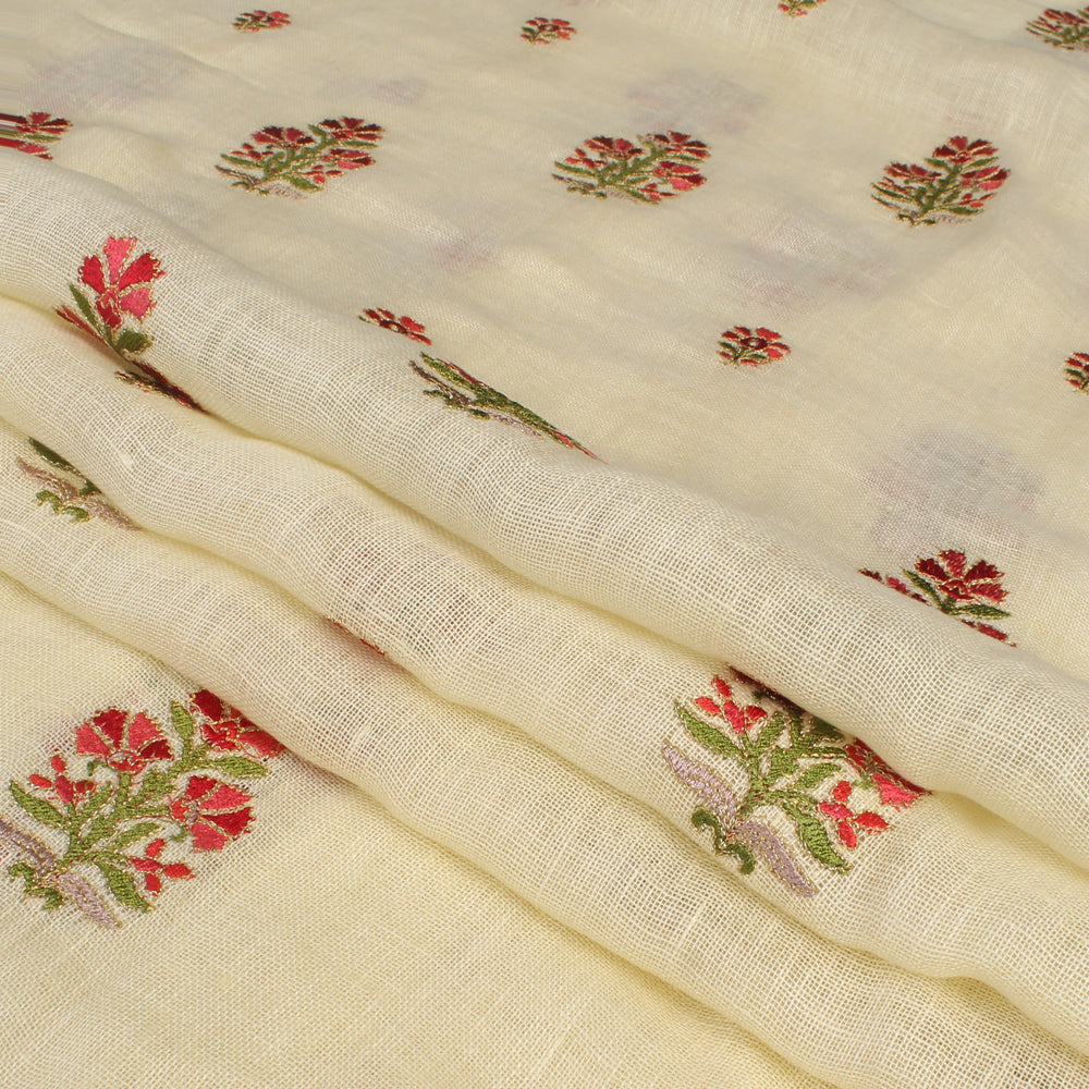 Yellow Color Embroidered Linen Fabric