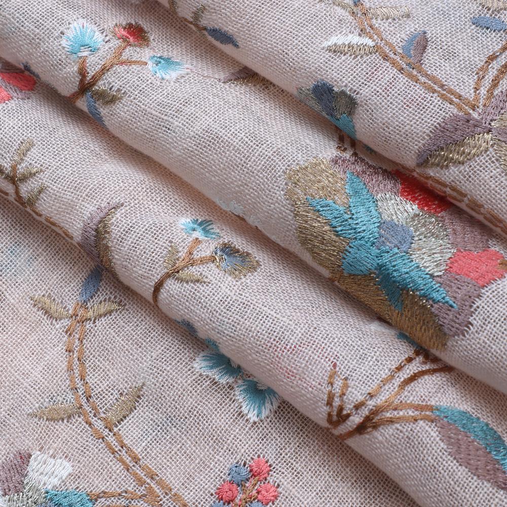 Multi Color Embroidered Linen Fabric