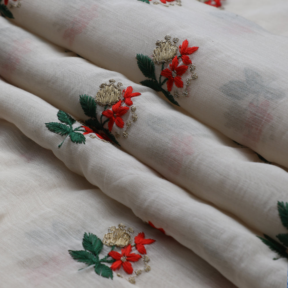 White-Red Color Embroidered Fine Chanderi Fabric