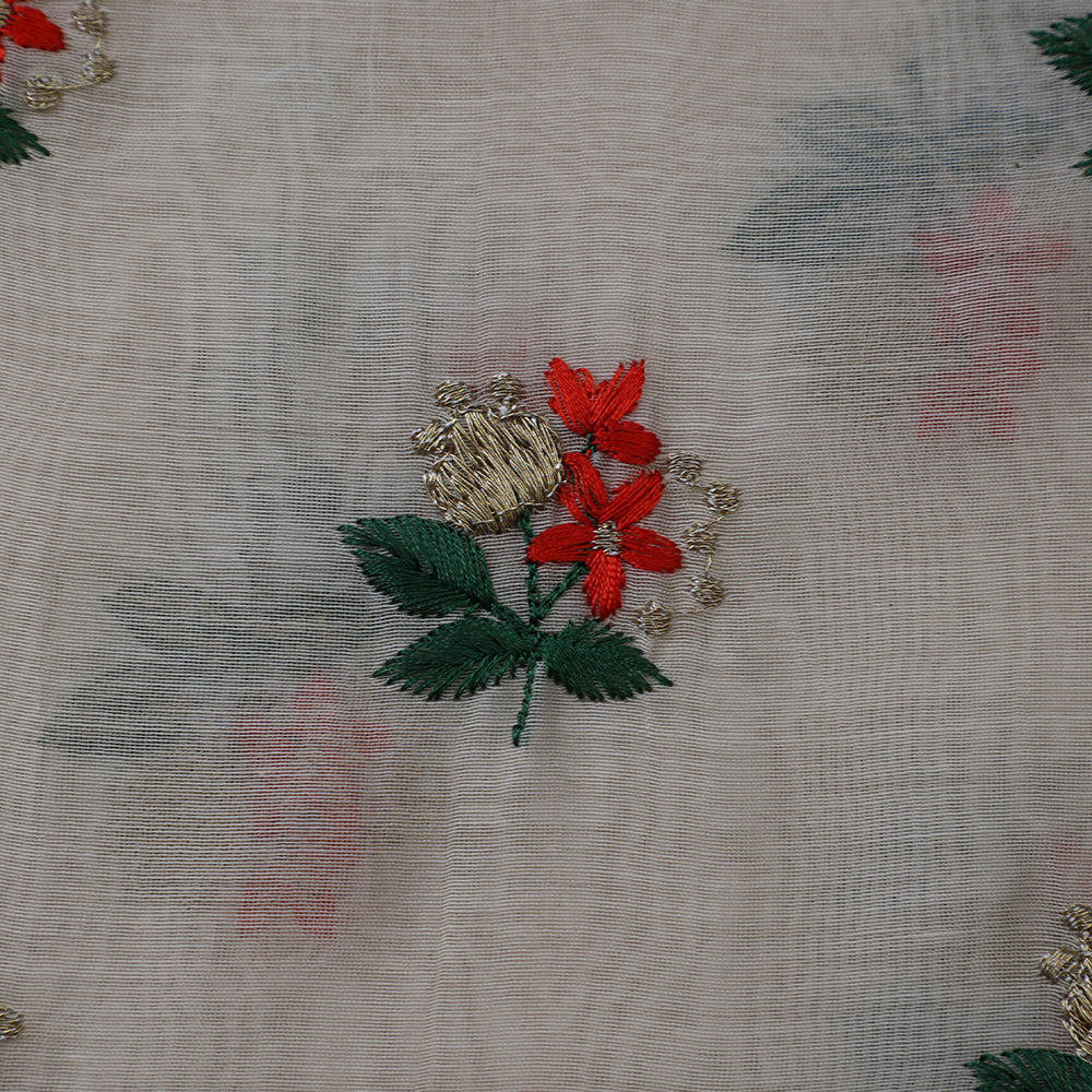 White-Red Color Embroidered Fine Chanderi Fabric
