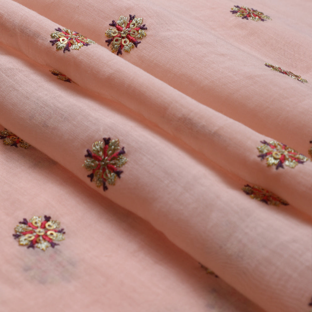 Peach color Embroidered Fine Chanderi Fabric