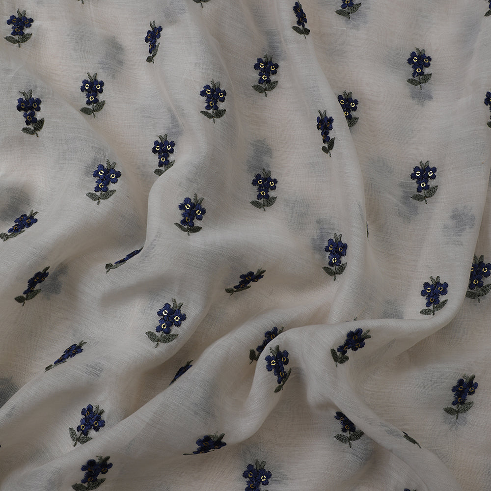 Off White-Blue color Embroidered Fine Chanderi Fabric