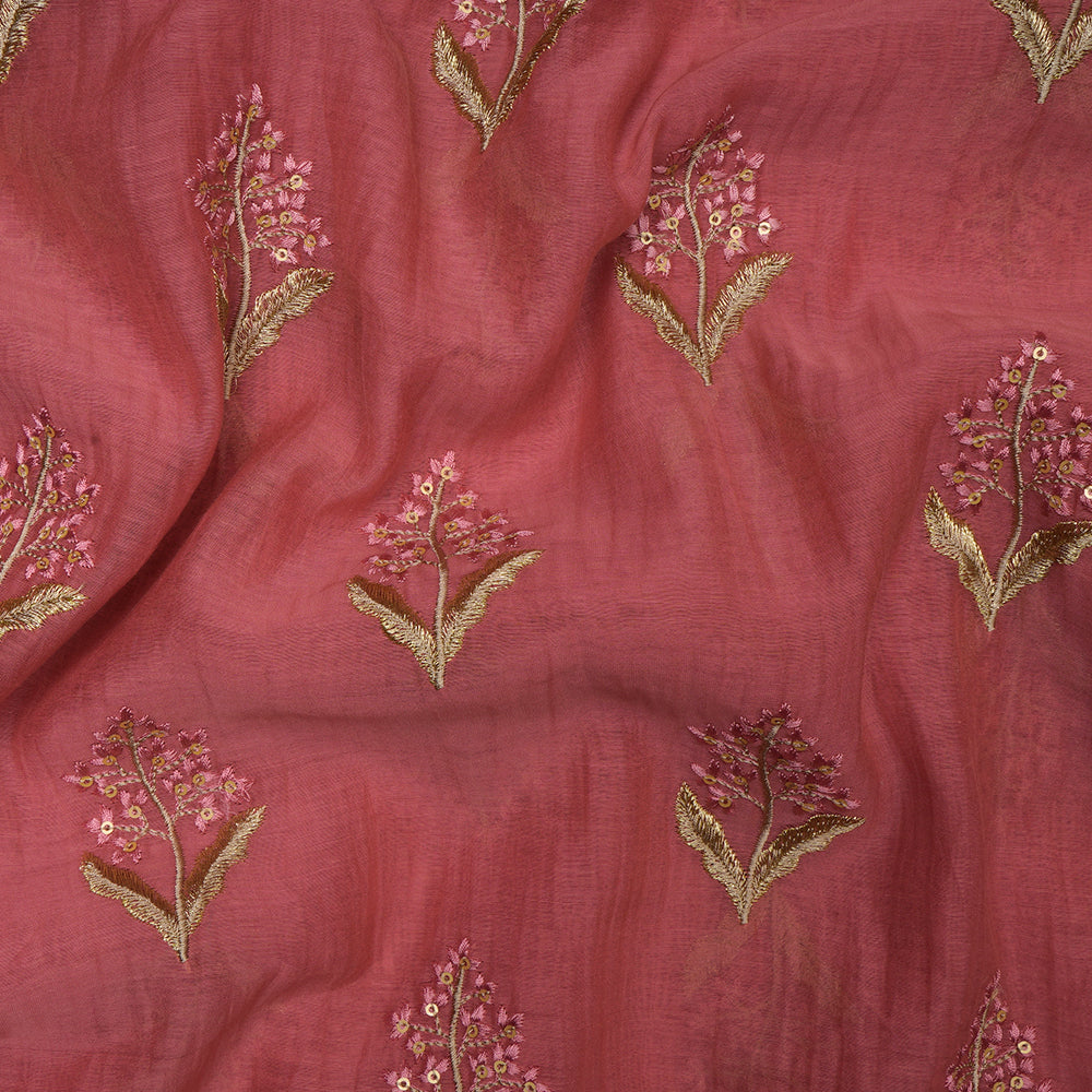 Dark Peach Color Embroidered Chanderi Fabric