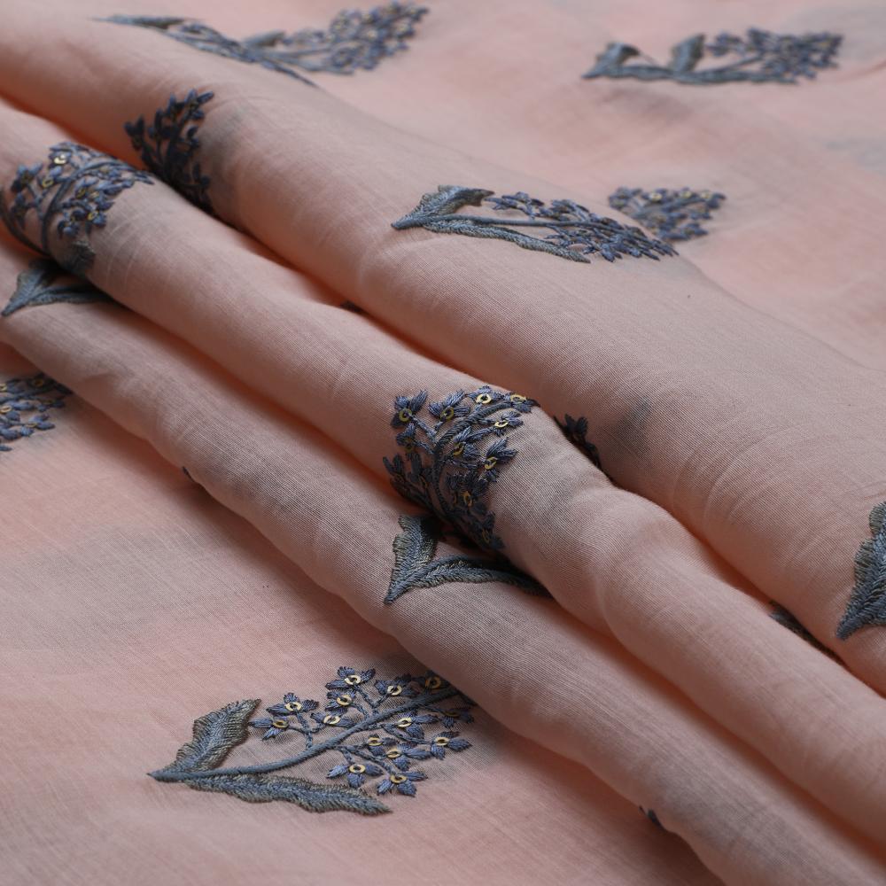 Peach-Grey Color Embroidered Fine Chanderi Fabric