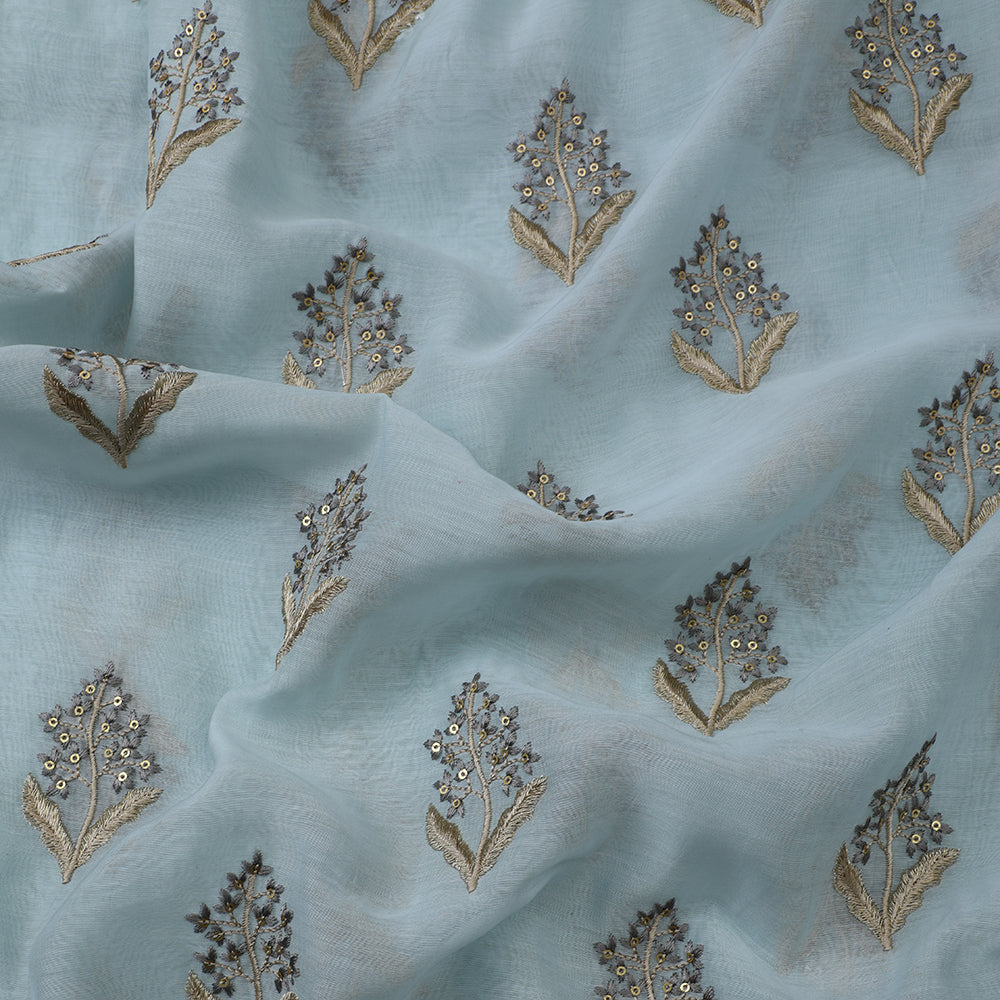 Mint Green Color Embroidered Fine Chanderi Fabric