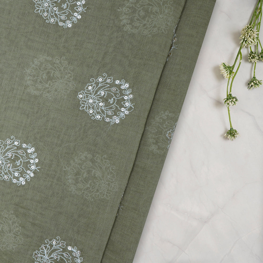 Sage Green Color Embroidered Pure Fine Chanderi Fabric