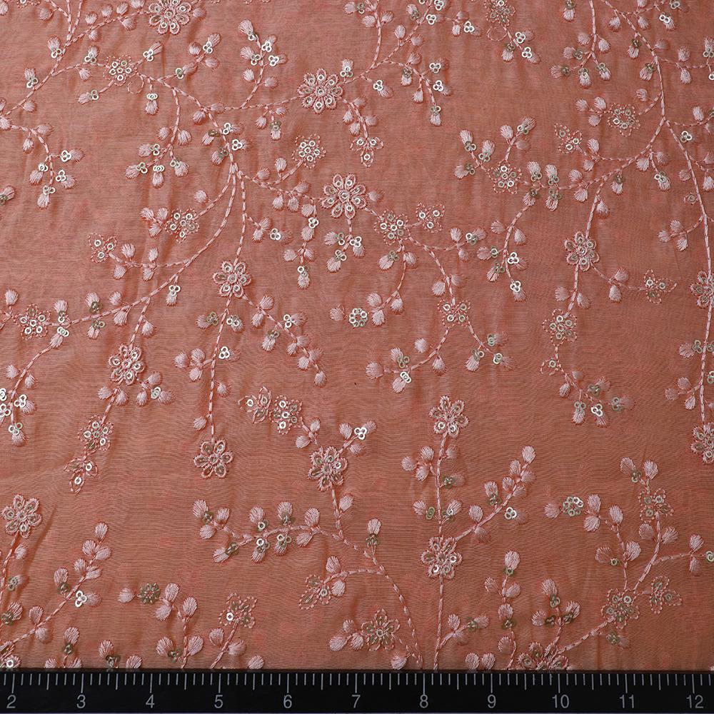 Peach Color Embroidered Fine Chanderi Fabric