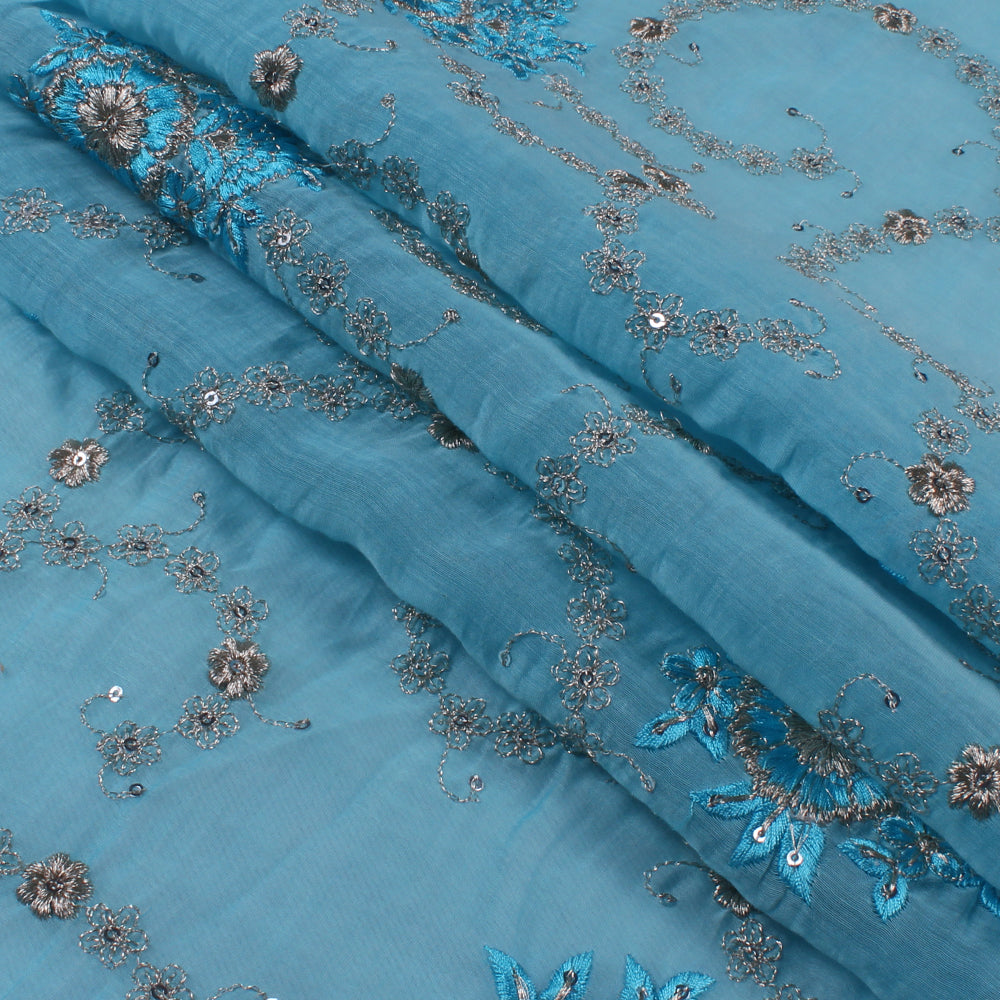 Blue-Golden Color Embroidered Fine Chanderi Fabric