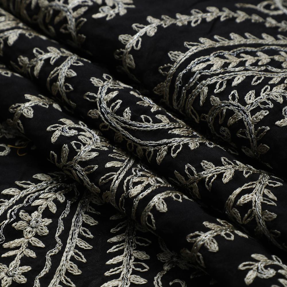 Black Color Embroidered Fine Chanderi Fabric