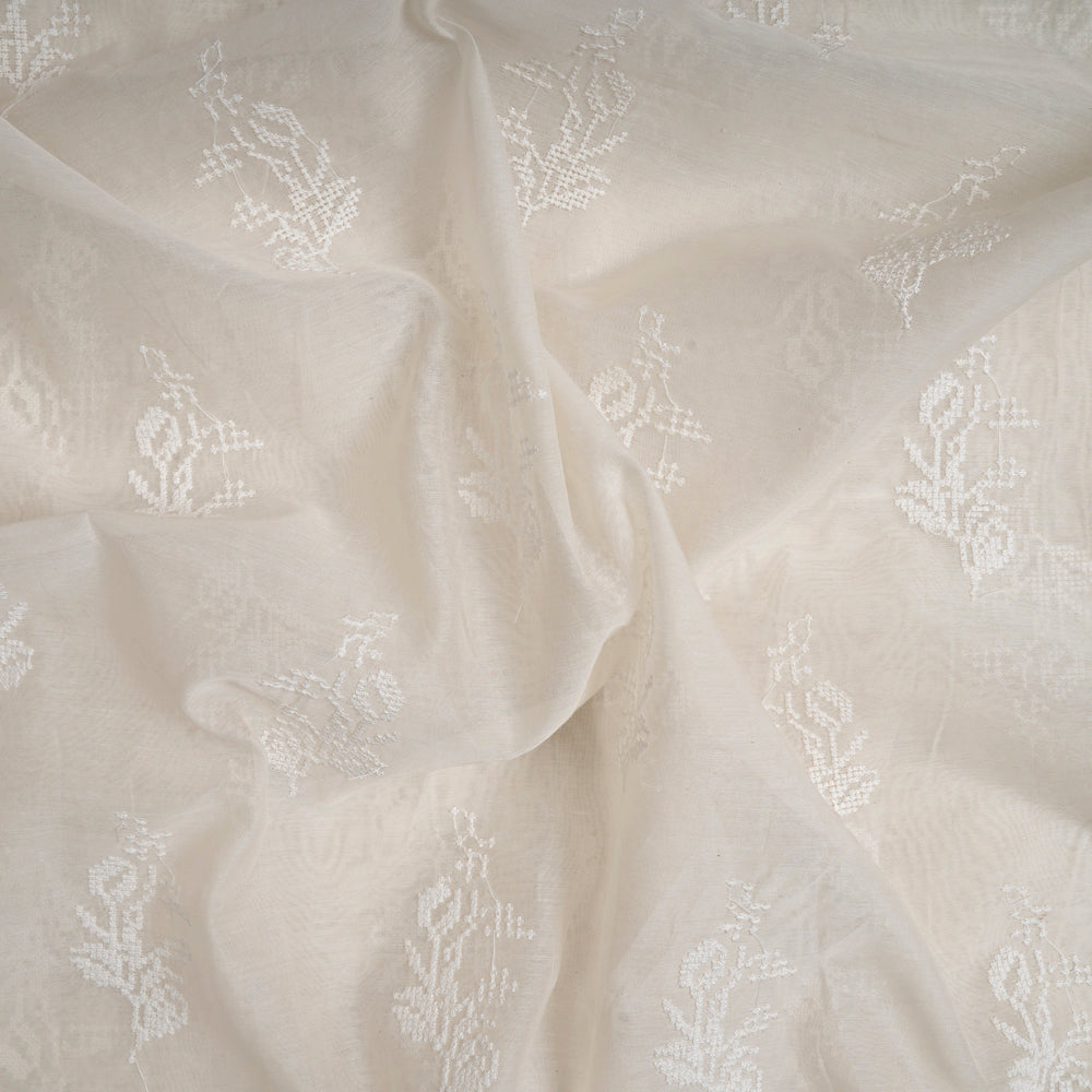 Off White Color Embroidered Pure Chanderi Fabric