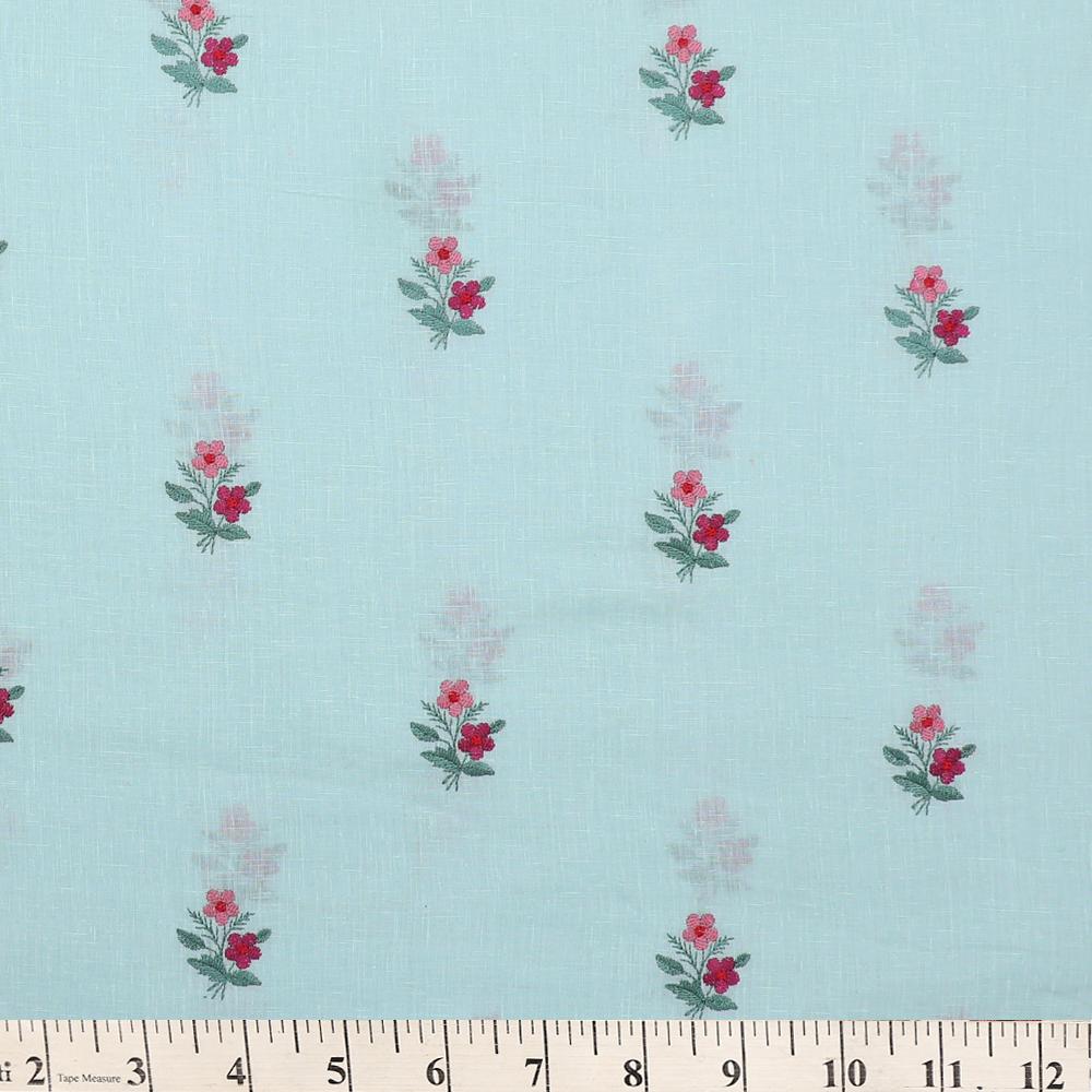 Pastel Mint Green Color Embroidered Linen Fabric