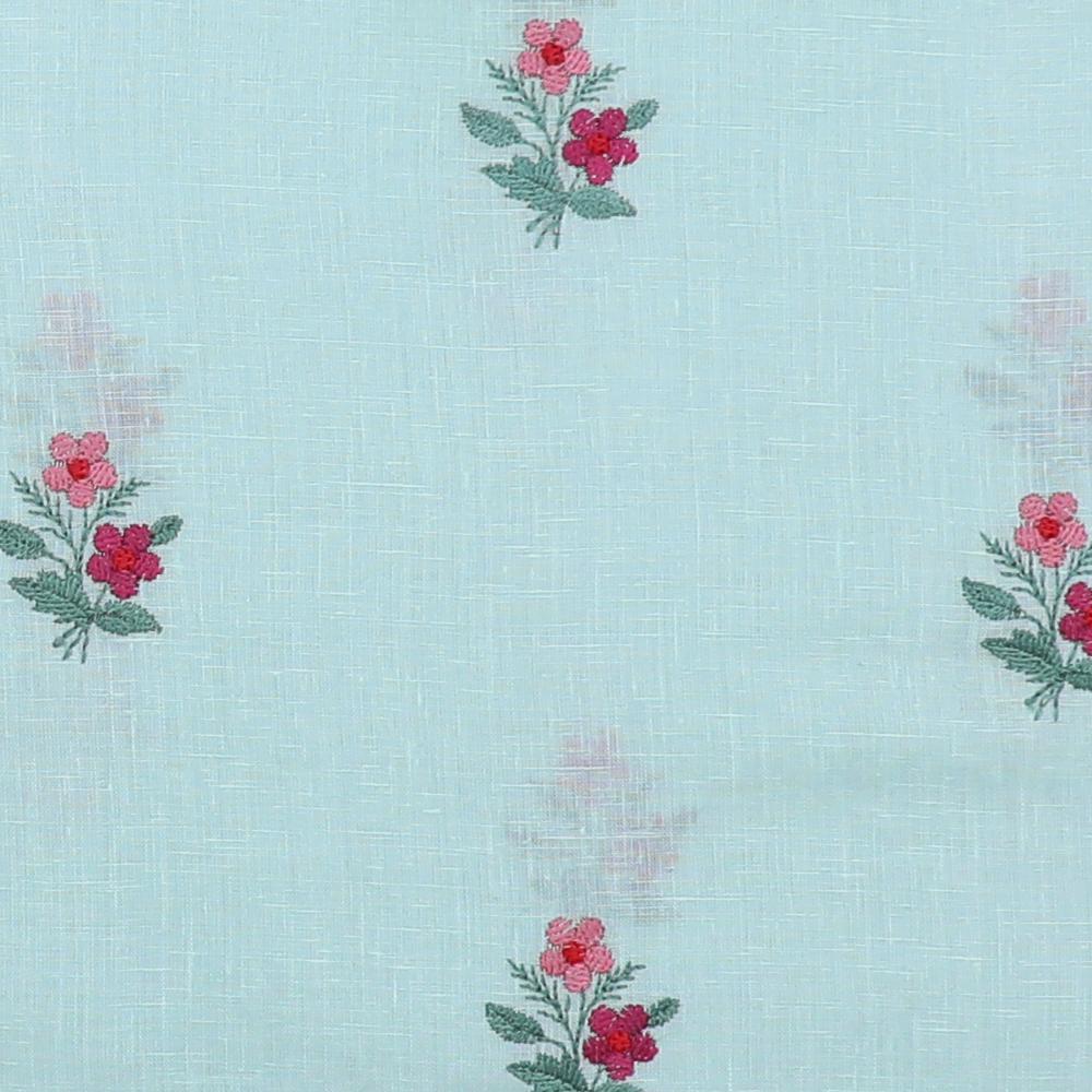 Pastel Mint Green Color Embroidered Linen Fabric