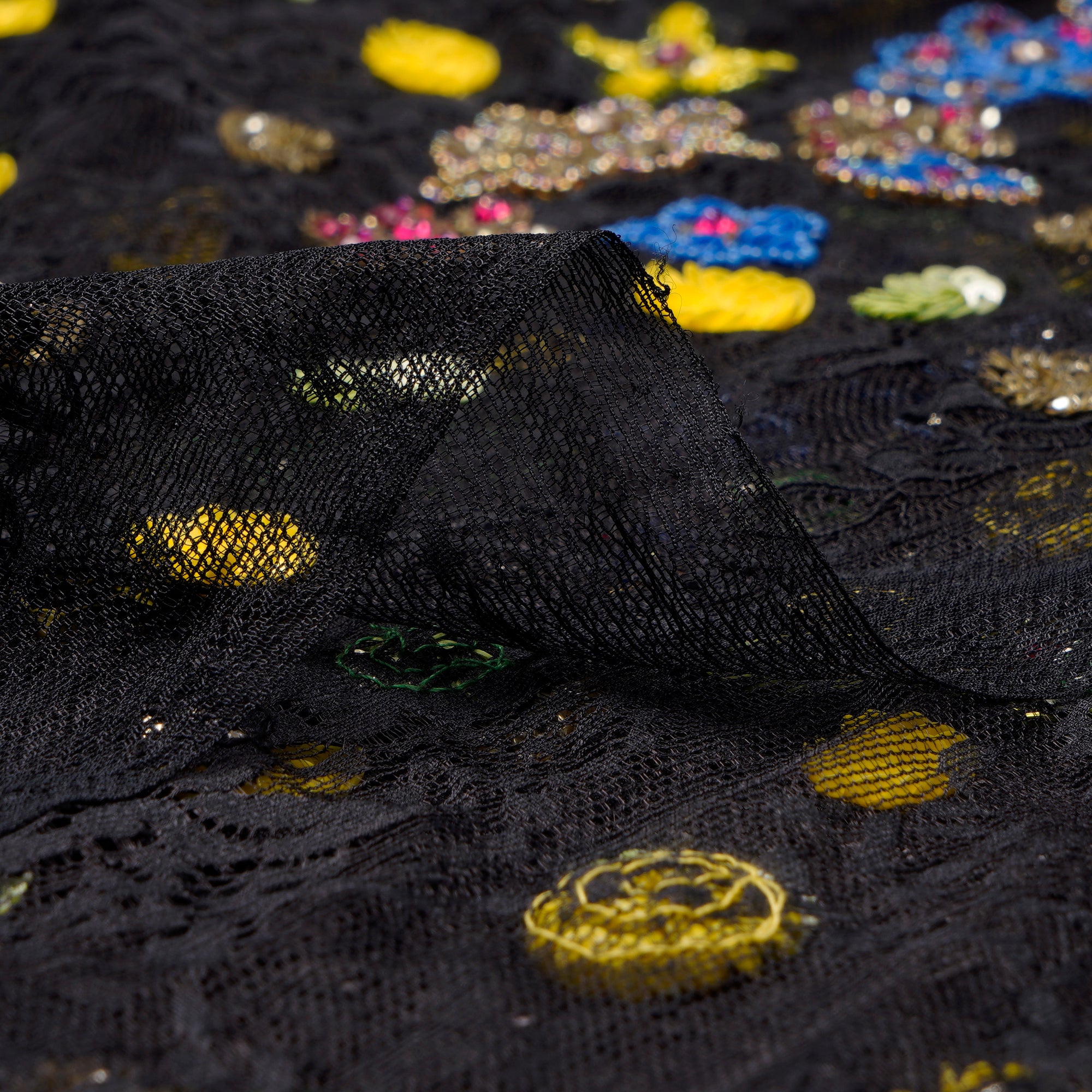 Black Color Hand Embroidered Nylon Net Fabric