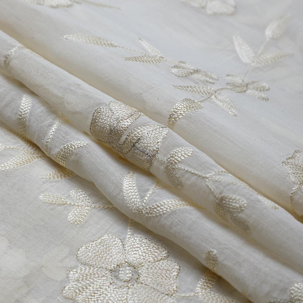 (Pre Cut 3 Mtr piece) White Color Embroidered Fine Chanderi Fabric