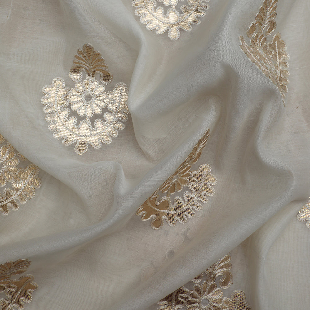 White-Golden Color Embroidered Fine Chanderi Fabric