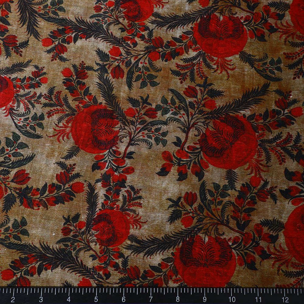 Red-Beige Color Digital Printed Silk Linen Fabric