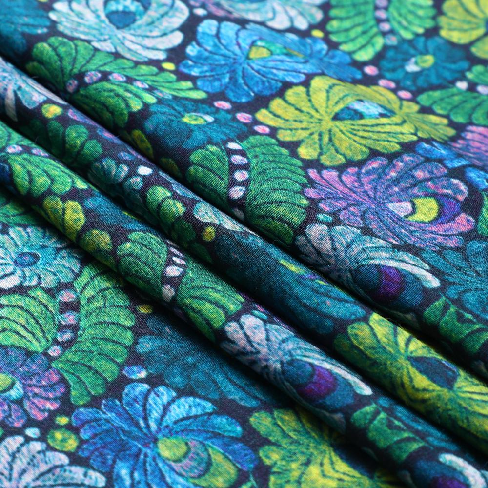Blue-Green Color Digital Printed Muga Georgette Fabric