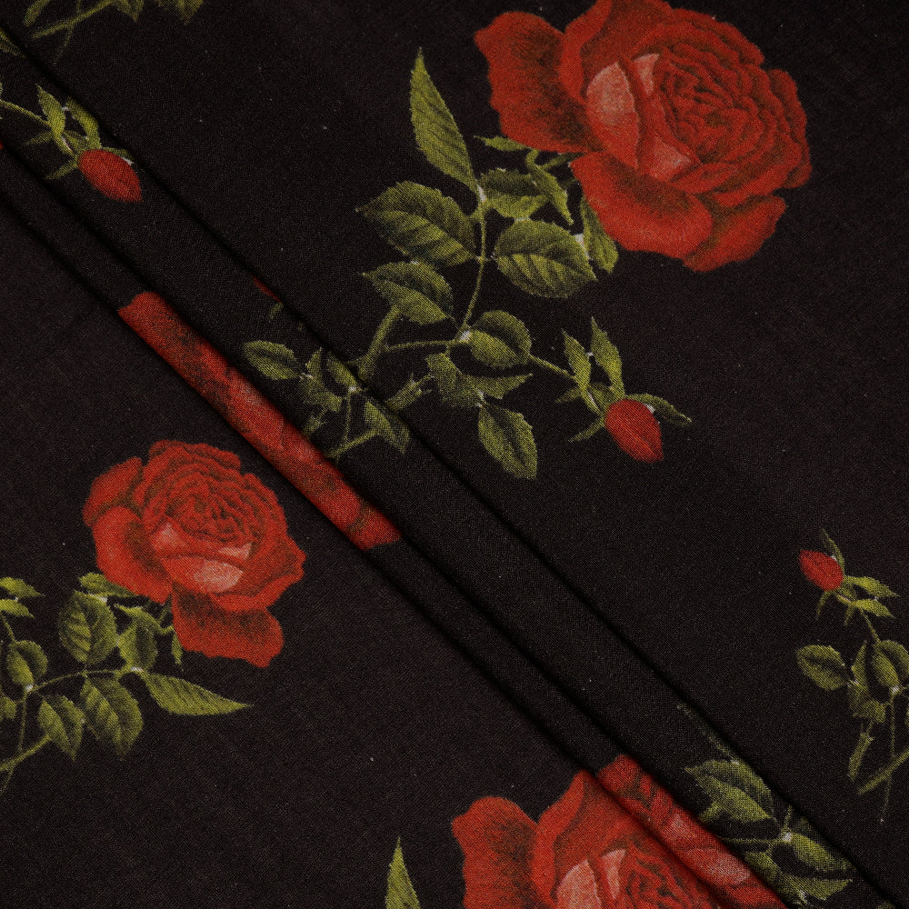 Black Color Digital Printed Spun Tussar Silk Fabric