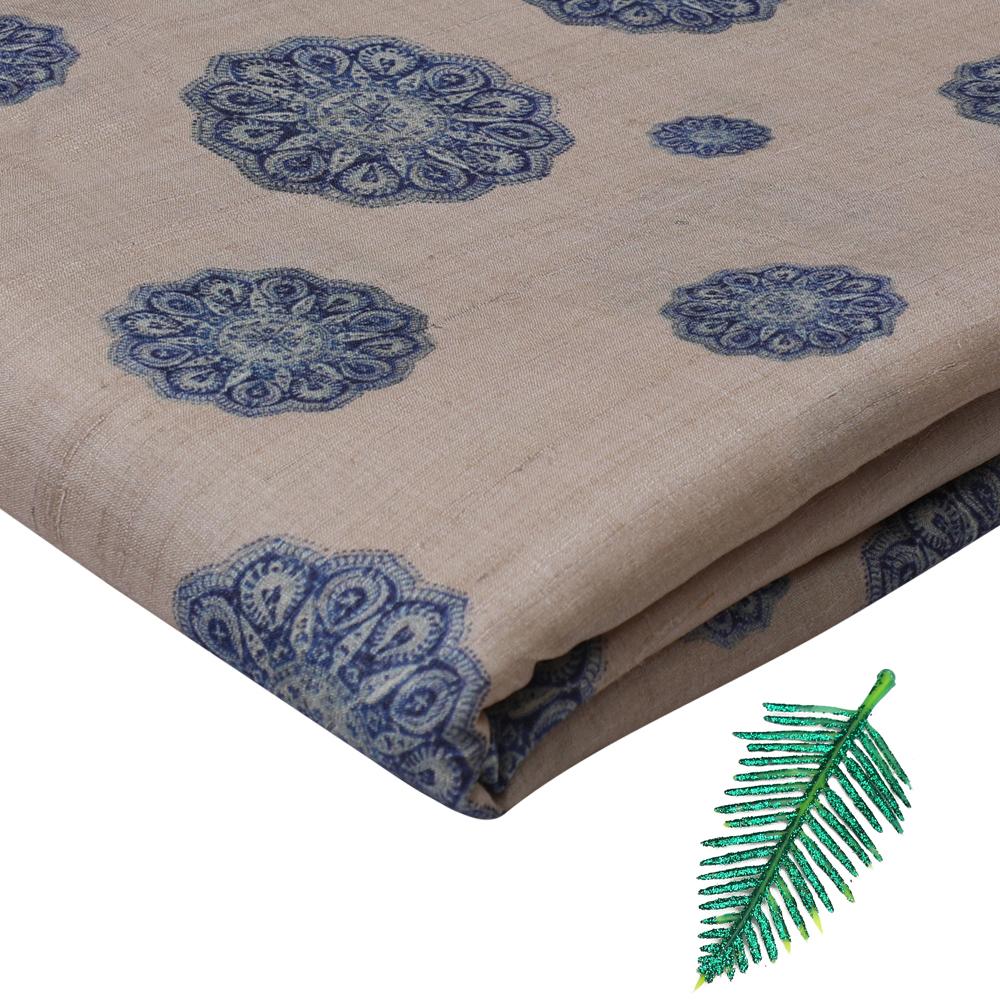 Beige-Blue Color Digital Printed Tussar Silk Fabric