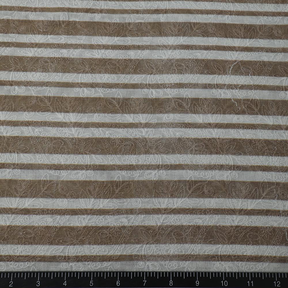 Brown-White Color Digital Printed Embroidered Pure Chanderi Fabric