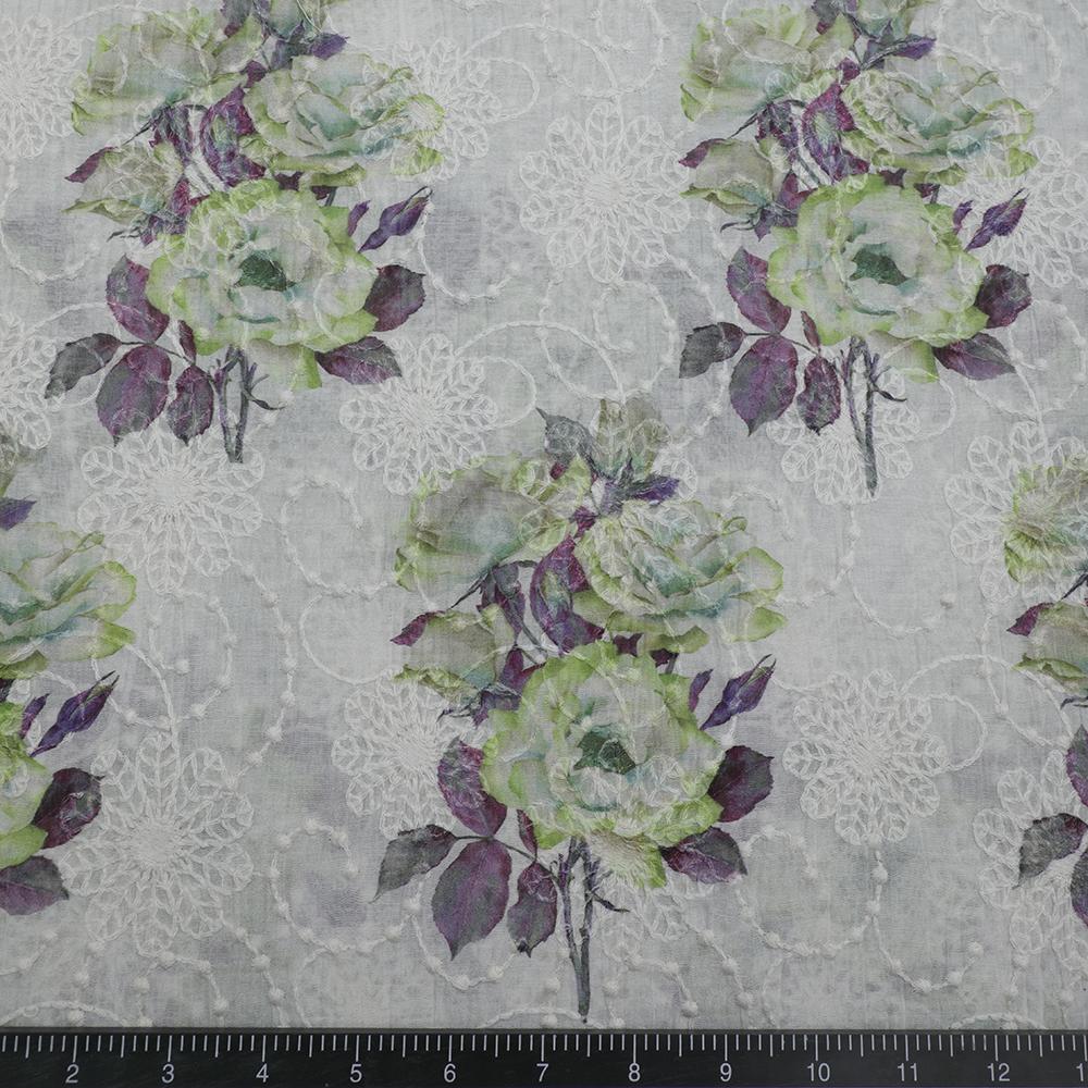 Green-Purple Color Digital Printed Embroidered Pure Chanderi Fabric
