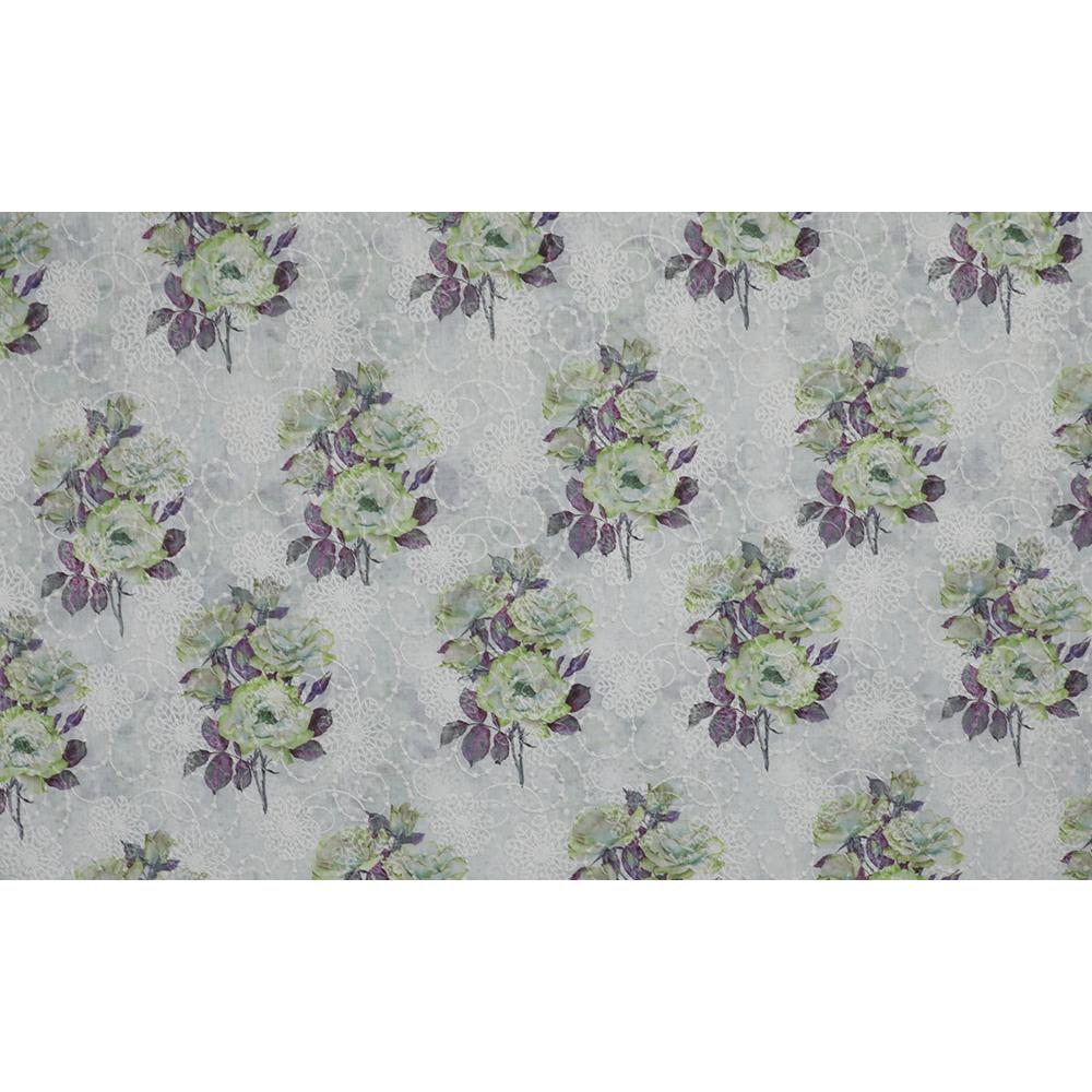 Green-Purple Color Digital Printed Embroidered Pure Chanderi Fabric