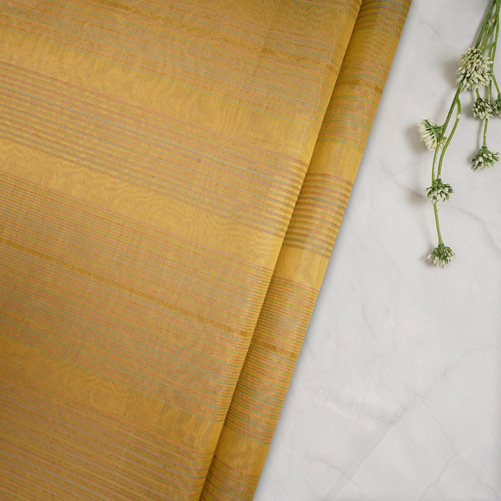 Yellow Color Striped Maheshwari Cotton Silk Fabric