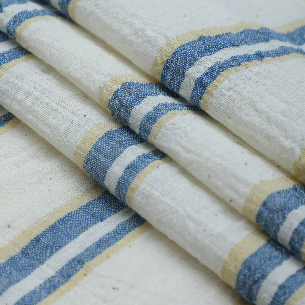 Off White-Blue Color Handwoven Handspun Kala Cotton Fabric