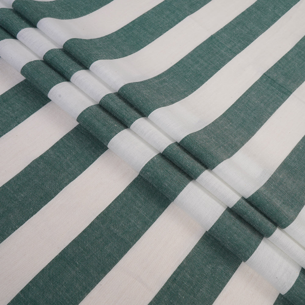 White-Green Color Handwoven Striped Cotton Fabric