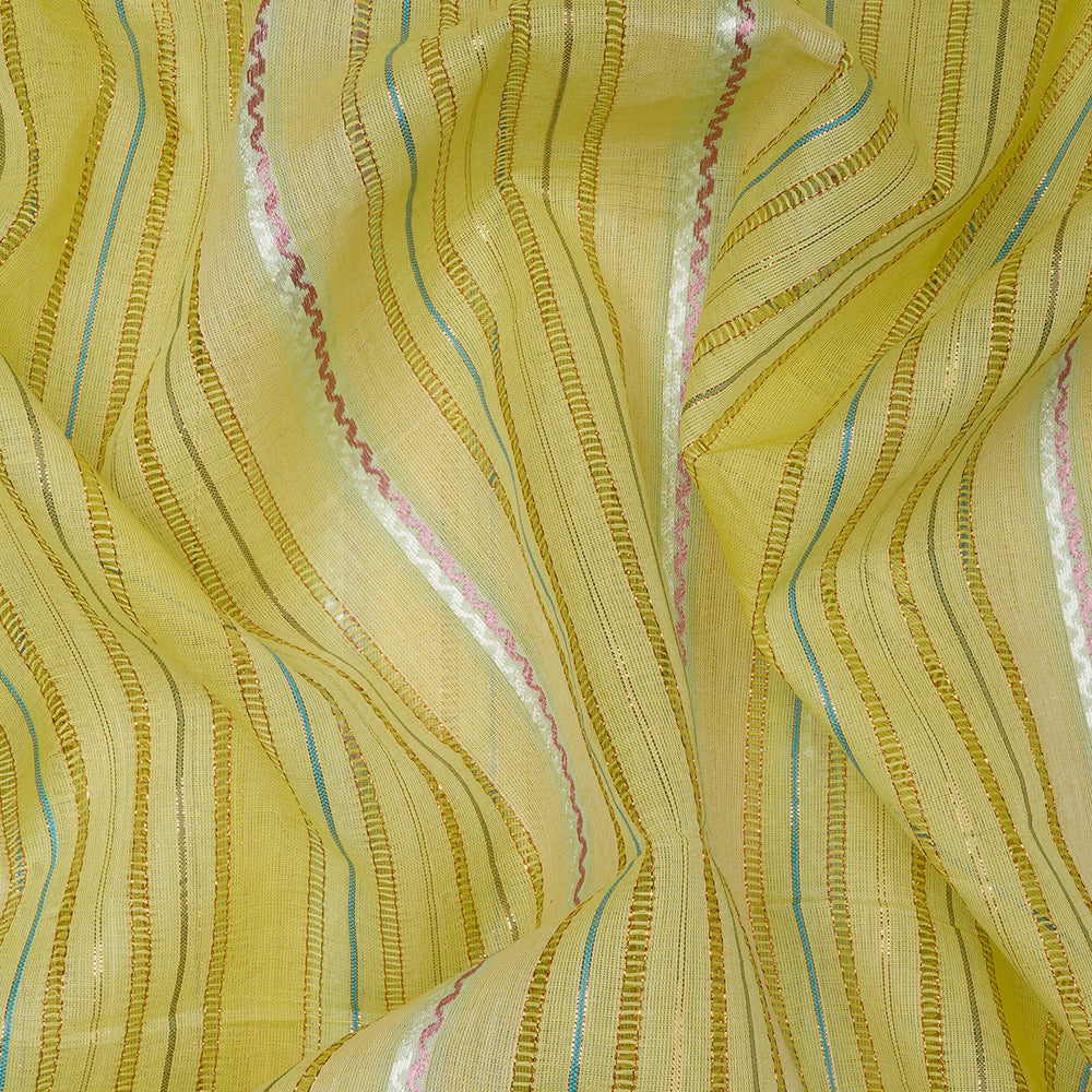 Green - Yellow Color Lurex Woven Cotton Voile Fabric