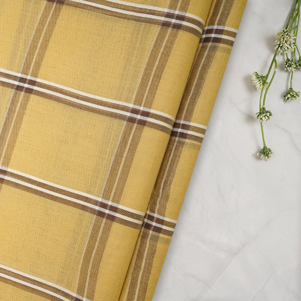 Yellow Color Fancy Check Pattern Pure Woven Cotton Voile Fabric